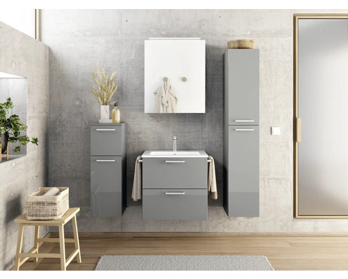 Modernes Badezimmer mit Waschtisch, Spiegelschrank und Hochschrank in Grau
