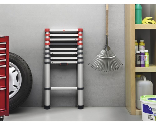 Teleskopleiter aus Aluminium neben Werkzeugwagen und Regal