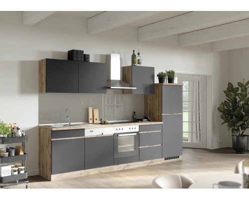 Held Möbel Küchenzeile mit Geräten PISA 300 cm Frontfarbe grau matt Korpusfarbe wildeiche zerlegt