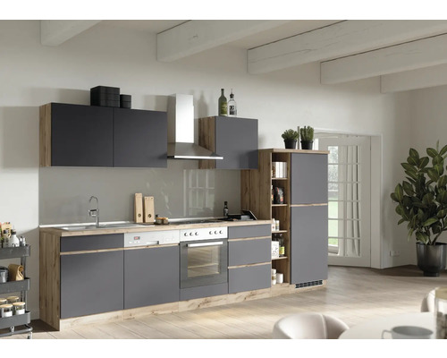 Held Möbel Küchenzeile mit Geräten PISA 330 cm Frontfarbe grau matt Korpusfarbe wildeiche zerlegt