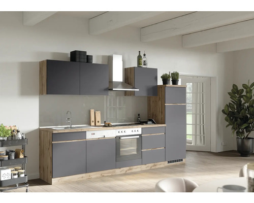 Moderne Küche mit grauen Fronten und Holzelementen