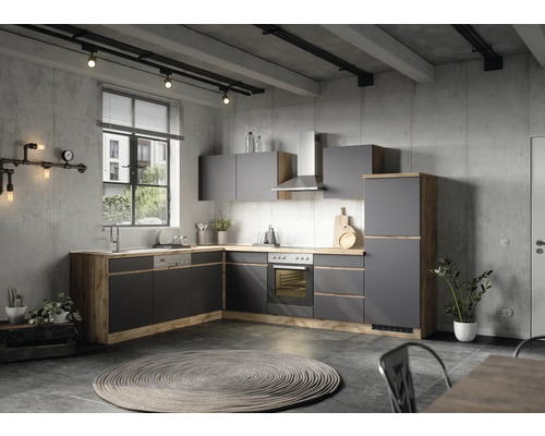 Held Möbel Winkelküche mit Geräten PISA 300 cm Frontfarbe grau matt Korpusfarbe wildeiche zerlegt