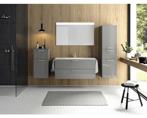 Modernes Badezimmer mit grauen Möbeln, Waschtisch, Spiegel und Dusche