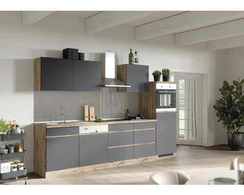 Held Möbel Küchenzeile mit Geräten PISA 300 cm Frontfarbe grau matt Korpusfarbe wildeiche zerlegt