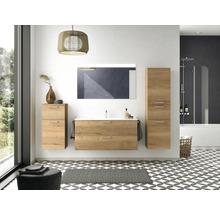 Badmöbel-Set NOBILIA Programm 2 BxHxT 121 x 169,1 x 48,7 cm Frontfarbe eiche natur mit Möbel-Waschtisch weiß und Spiegel mit LED-Beleuchtung Griff chrom matt 295