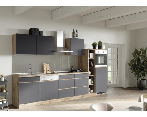 Held Möbel Küchenzeile mit Geräten PISA 330 cm Frontfarbe grau matt Korpusfarbe wildeiche zerlegt