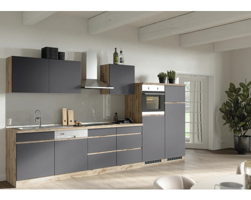 Held Möbel Küchenzeile mit Geräten PISA 360 cm Frontfarbe grau matt Korpusfarbe wildeiche zerlegt