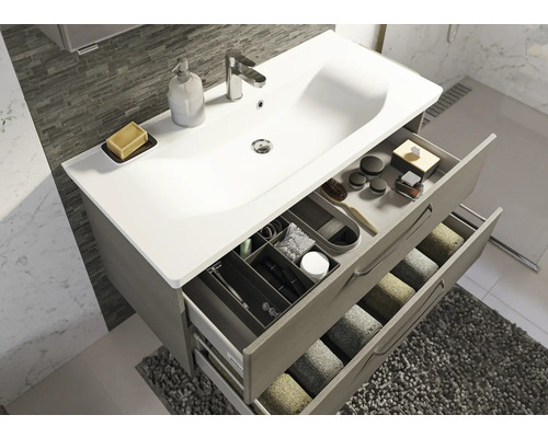 Badezimmerwaschtisch mit Auszügen und weißem Waschbecken