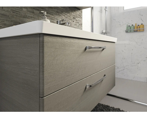 Waschtischunterschrank mit zwei Schubladen und Holzoptik im Badezimmer