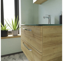 Badmöbel-Set Pelipal Kumba BxHxT 107 x 200 x 50 cm Frontfarbe eiche riviera 5-teilig und mehr mit Glas-Waschtisch weiß, Unterschrank und Wandschrank 99.770326471