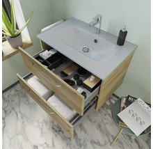 Badmöbel-Set Pelipal Kumba BxHxT 107 x 200 x 50 cm Frontfarbe eiche riviera 5-teilig und mehr mit Glas-Waschtisch weiß, Unterschrank und Wandschrank 99.770326471