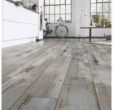 Heller Raum mit Holzboden in Dielenoptik, Küche, Fahrrad und Tisch