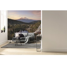 Wohnraum mit Fototapete Berglandschaft, Sofa, Teppich und Stehlampe