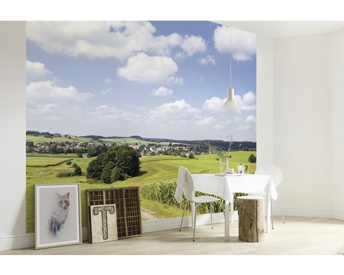 Fototapete mit Landschaftsmotiv in einem hellen Esszimmer