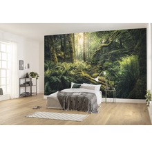 Helles Schlafzimmer mit einer Fototapete, die einen Wald darstellt