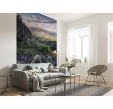 Helles Wohnzimmer mit Sofa, Teppich und Fototapete mit Bergmotiv