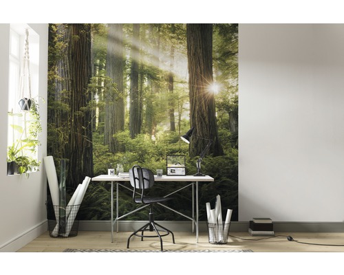 Arbeitszimmer mit Waldtapete, Schreibtisch und Bürostuhl