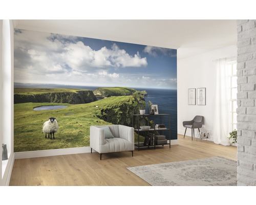 Wohnraum mit Fototapete einer Küstenlandschaft mit Schaf