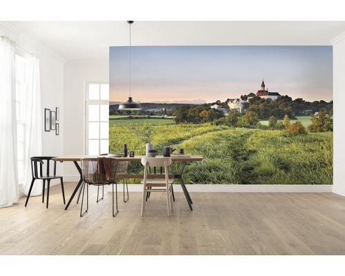 Helles Esszimmer mit Fototapete, die eine grüne Landschaft und ein Gebäude zeigt.