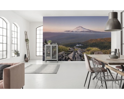 Helles Wohnzimmer mit Fototapete eines Berges