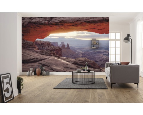 Wohnzimmer mit Fototapete Felsbogenlandschaft