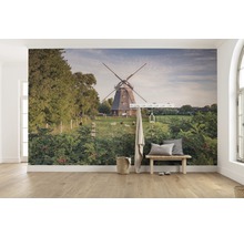 Wandbild mit einer Windmühle, Schafen und üppigem Grün in einem hellen Raum.