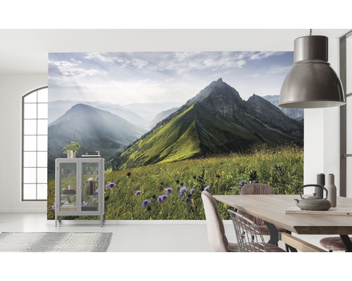 Wohnraum mit Bergpanorama-Tapete, Esstisch und Vitrinenschrank