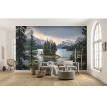 Wohnzimmer mit Fototapete, die einen See, Berge und Bäume zeigt