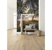 Heller Raum mit Fototapete von Palmenstrand, Bank und Holzboden