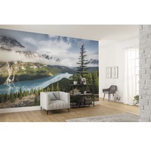 Wohnraum mit Fototapete mit Berglandschaft, See und Bäumen
