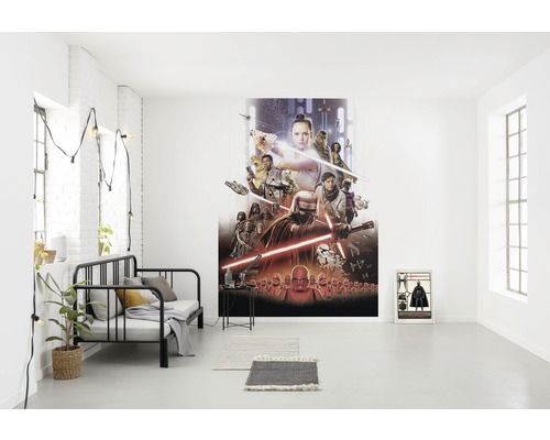 Fototapete Papier 4-4113 Disney Edition 4 Star Wars EP9 Movie Poster Rey 4-tlg. 184 x 254 cm Modernes Wohnzimmer mit Star Wars Wandbild und minimalistischer Einrichtung
