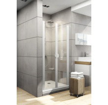 Modernes Badezimmer mit Duschkabine, Waschtisch und Holzhocker