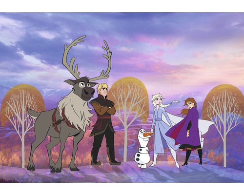 Szene mit Charakteren aus dem Film Die Eiskönigin 2, darunter Rentier Sven, Kristoff, Schneemann Olaf, Elsa und Anna.