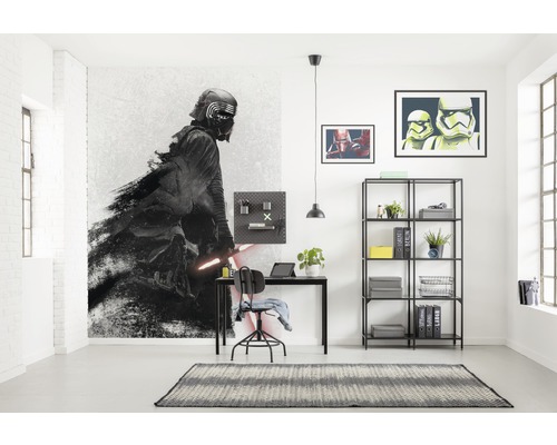 Büro mit Star Wars Wandbild, Schreibtisch, Stuhl und Regal