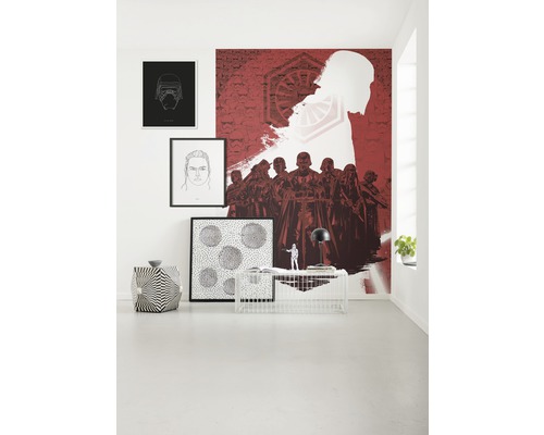 Wohnraum mit Star Wars Fototapete, Postern, Beistelltisch und Dekorationen