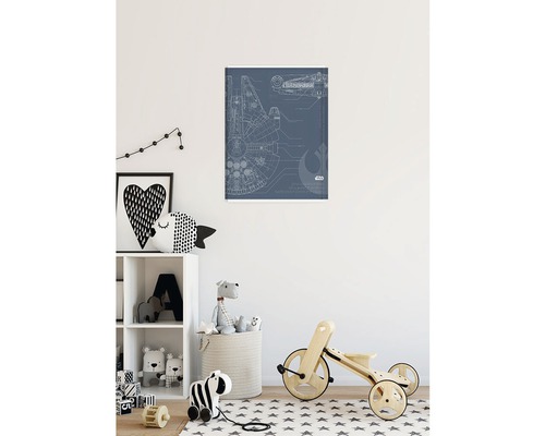 Kinderzimmer mit Star Wars Wandbild mit technischen Zeichnungen des Millennium Falken