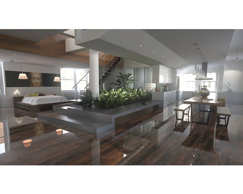 Helles Wohnzimmer mit Bett, Treppe, Pflanzen und Essbereich.