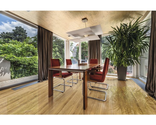 Heller Essbereich mit Holzboden, Esstisch, Stühlen, Zimmerpflanze und Tageslicht.