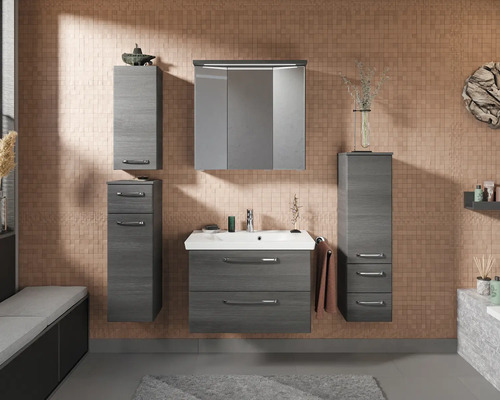 Modernes Badezimmer-Set mit Waschbeckenunterschrank, Spiegelschrank und Hochschränken