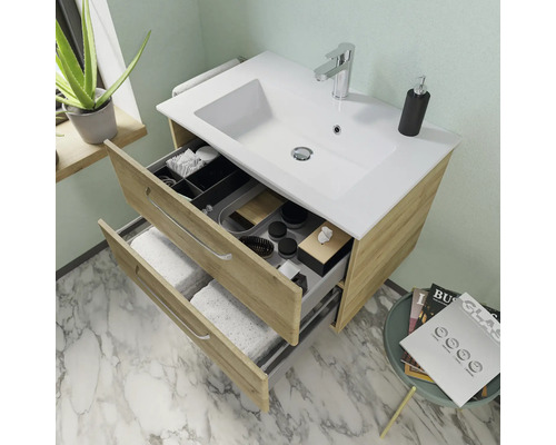 Waschtischunterschrank mit Waschbecken, zwei Schubladen und Badutensilien
