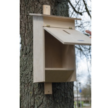Holz-Fledermauskasten mit geöffneter Klappe an einem Baum befestigt
