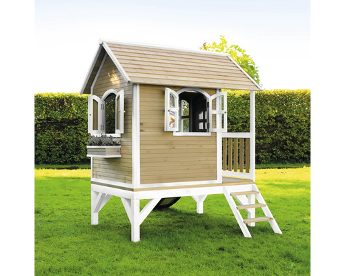 Spielhaus aus Holz mit Treppe und Fenster für den Garten