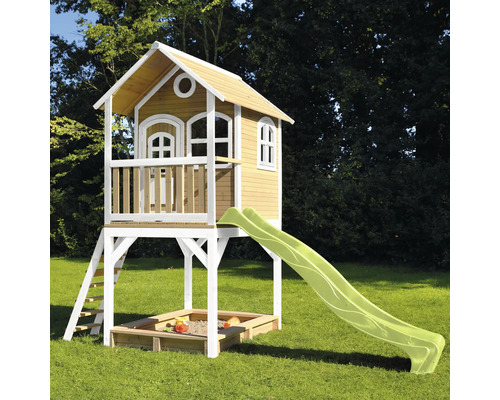 Spielhaus mit Rutsche und Sandkasten aus Holz für den Garten