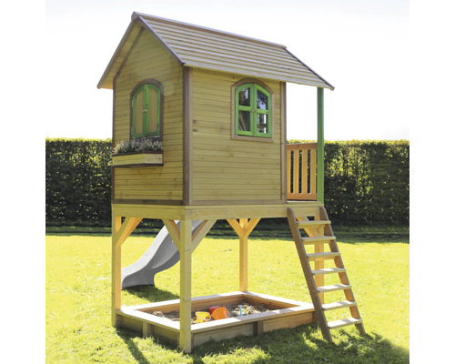 Spielhaus aus Holz mit Sandkasten und Rutsche für den Garten