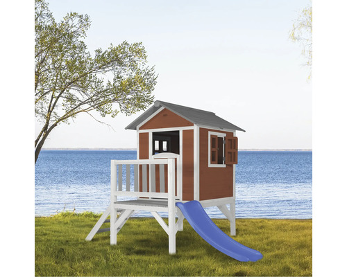 Spielhaus aus Holz mit Rutsche für den Garten