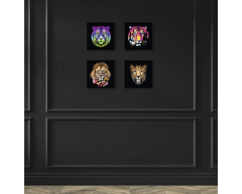 Wanddekoration mit vier Tierbildern: Tiger, Löwe und Leopard