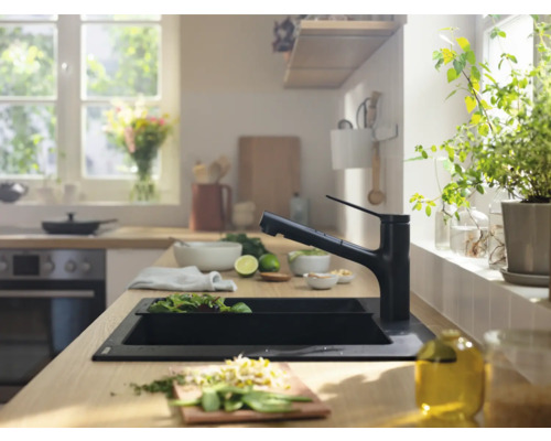 Küchenszene mit Spüle, Armatur und frischen Zutaten auf einer hölzernen Arbeitsfläche.