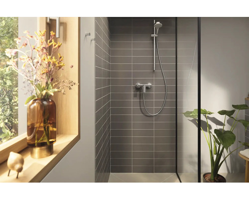 Modernes Duschbad mit grauen Fliesen, Duscharmatur und Zimmerpflanze