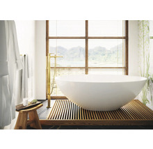 Badezimmer mit freistehender Badewanne, Holzjalousien und Bademantel