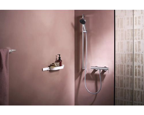 Badezimmer mit Handtuchhalter, Duschregal, Duscharmatur und Duschkopf